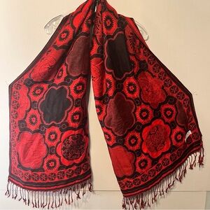 Boho Red & Black Floral Jacquard Pashmina Style Wrap Scarf
